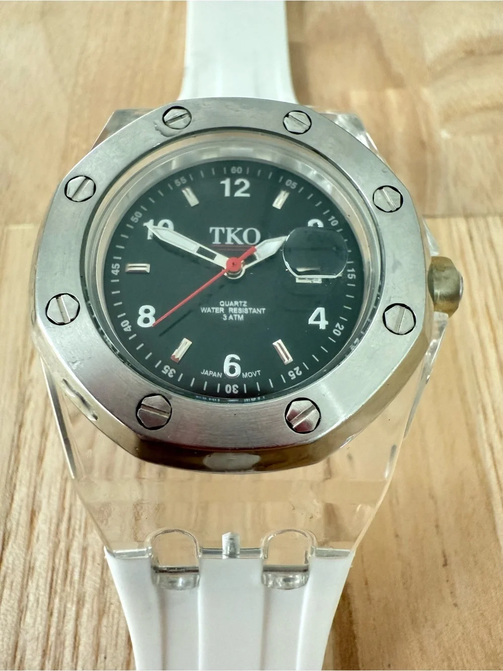 TKO ORLOGI transparent case and white strap watch NEW BATTERY